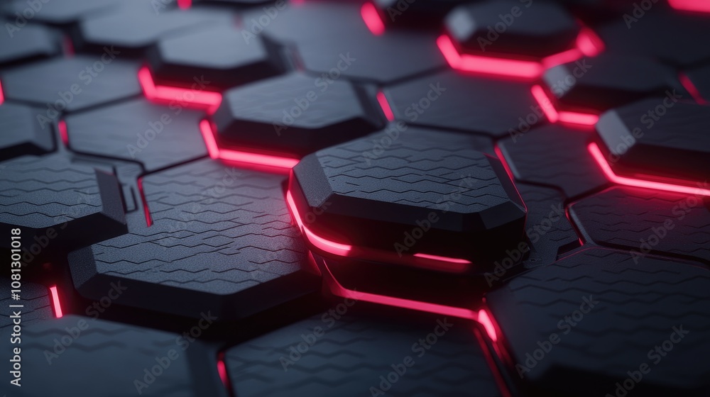 Fototapeta premium Futuristic Hexagonal Landscape with Glossy Black Surface and Neon Pink Illuminated Edges, High-Tech Geometric Design for Background or Texture Use
