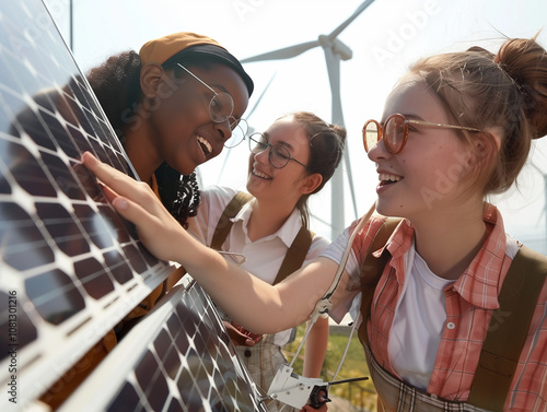 Personas Instalando Paneles Solares en un Entorno Natural y Feliz