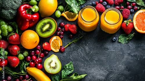 Colorful arrangement of fruits and orange juice on dark surface