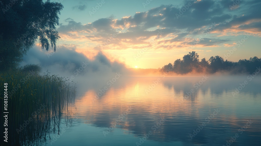 A tranquil sunrise over a misty lake with a calm reflection in the water. A tranquil sunrise over a misty lake with a calm reflection in the water.