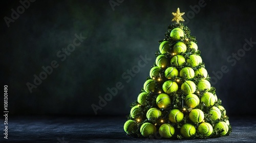 Tennis ball christmas tree with star topper, illuminated with festive lights, symbolizing happy new year celebrations
