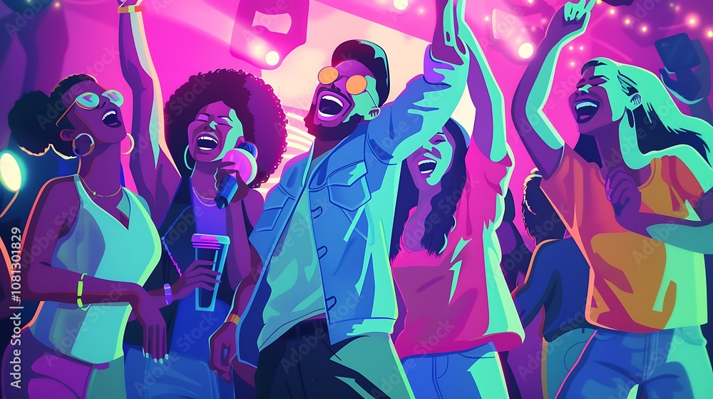 A vibrant scene of people enjoying a lively party atmosphere with music and dancing. A vibrant scene of people enjoying a lively party atmosphere with music and dancing.