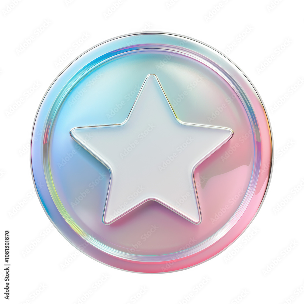 Frosted glass promotion badge featuring a star design and iridescent colors Frosted glass promotion badge featuring a star design and iridescent colors