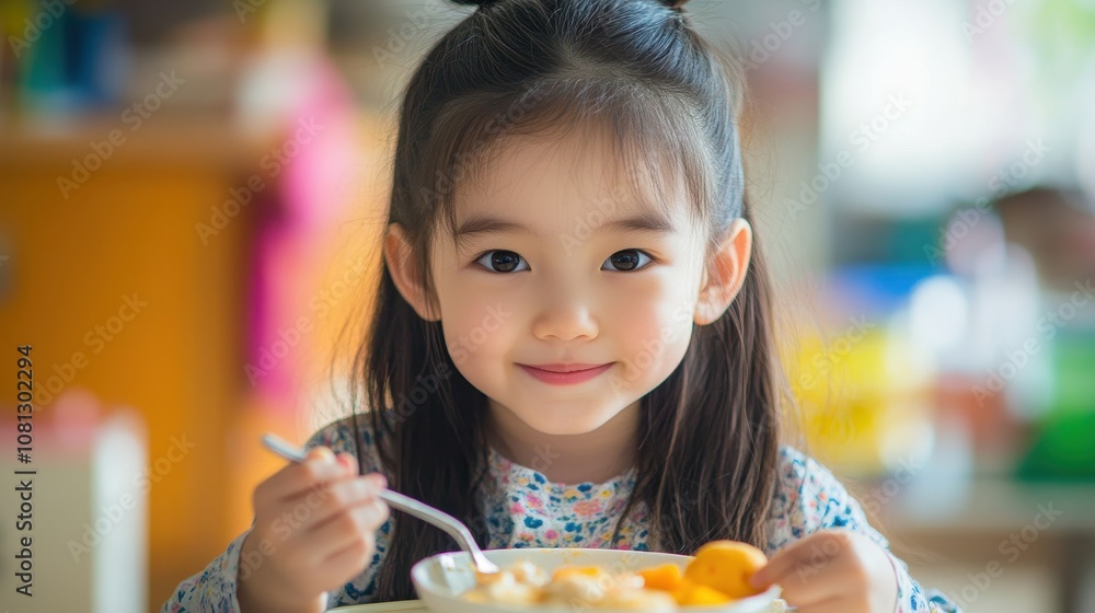 Young girl eating with a spoon. The image is perfect for illustrating the importance of a healthy diet and happy childhood. Young girl eating with a spoon. The image is perfect for illustrating the importance of a healthy diet and happy childhood.