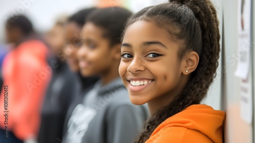 Portrait of cheerful African American teenage student smiling in school hallway with classmates blurred in background, copy space