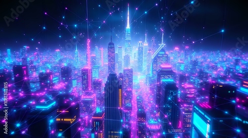 Vibrant Cyberpunk Cityscape at Night - Neon-Lit Data Visualization with Interconnected Nodes