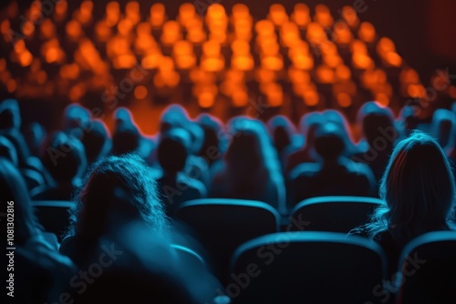 Silhouettes of people in a dark auditorium. The photo depicts a theater audience watching a performance.