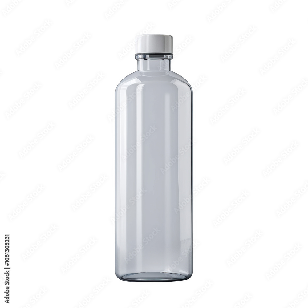 Clear water bottle standing upright on a surface, ideal for staying hydrated daily Clear water bottle standing upright on a surface, ideal for staying hydrated daily