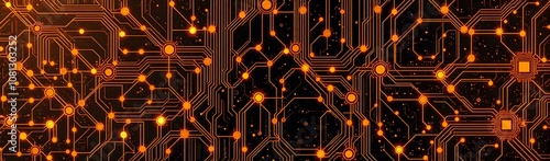 Art Deco Futuristic Cityscape with Orange Lights - Circuit Board Data Visualization