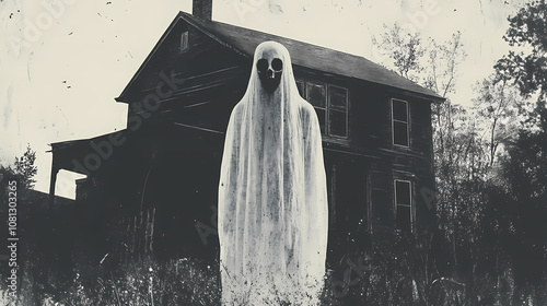 Eerie ghost apparition captured on camera paranormal activity spooky haunted house grainy vintage photo effect. ghostly apparition. illustration. Phantasm. Illustration