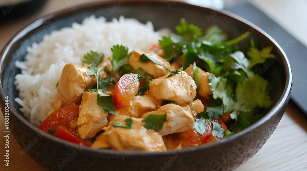 Thai red curry chicken with colorful bell peppers and fresh cilantro served over steamed white rice in dark ceramic bowl Thai red curry chicken with colorful bell peppers and fresh cilantro served over steamed white rice in dark ceramic bowl