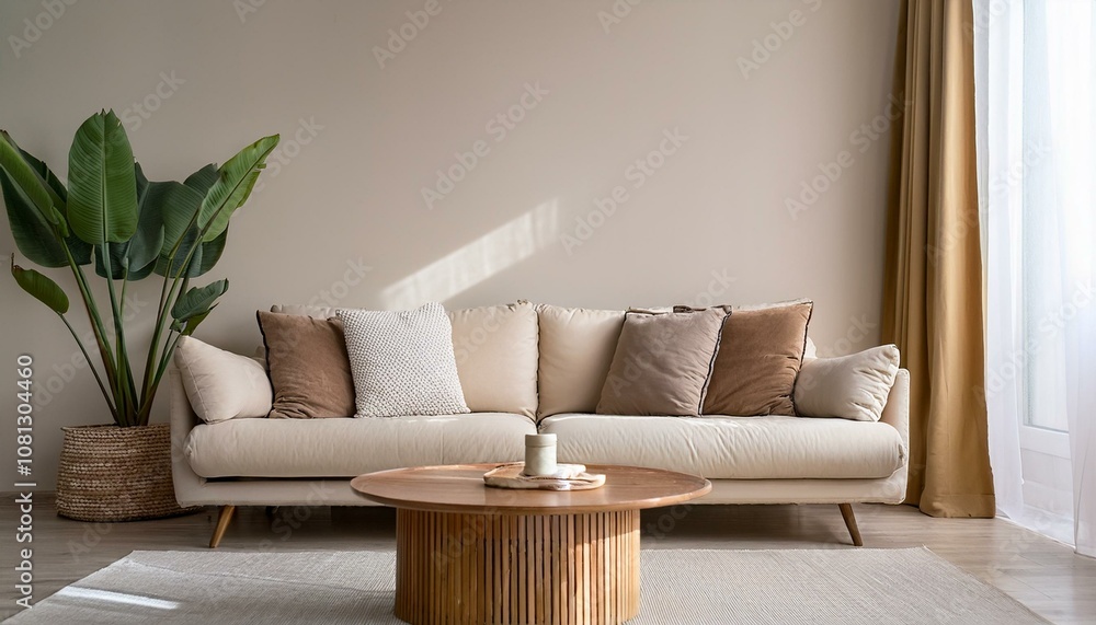Beige home living room interior with sofa and coffee table, window. Mockup wall Beige home living room interior with sofa and coffee table, window. Mockup wall