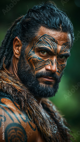 A fierce Maori warrior with intricate facial tattoos. 