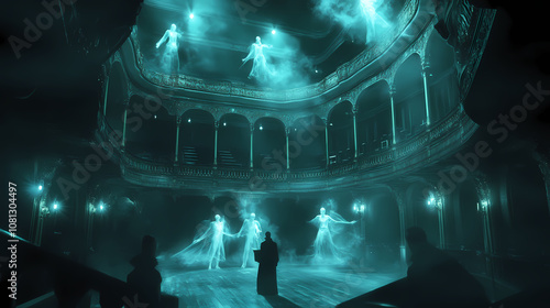 Eerie ray tracing of ghostly opera house interior with haunting performers and flickering lights. Phantasm. Illustration