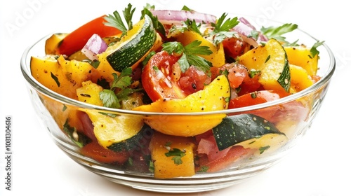 Colorful vegetable salad in a glass bowl.