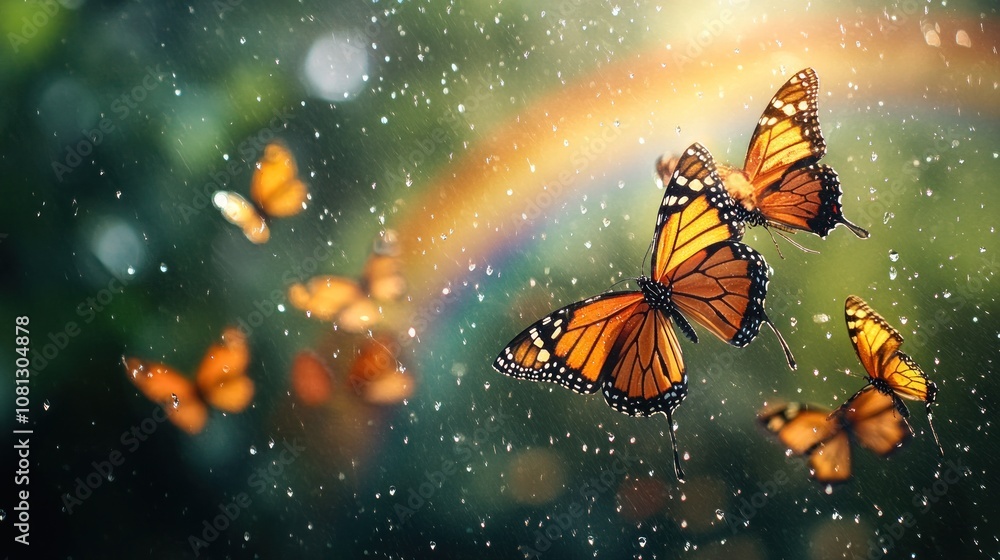 A group of monarch butterflies flying in a magical forest setting with a rainbow in the background and rain droplets falling. A group of monarch butterflies flying in a magical forest setting with a rainbow in the background and rain droplets falling.