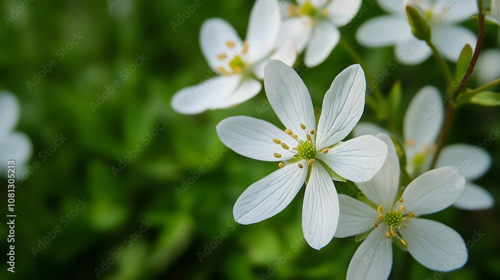 Delicate white wildflowers with five petals blooming against blurred green natural background, copy space Delicate white wildflowers with five petals blooming against blurred green natural background, copy space