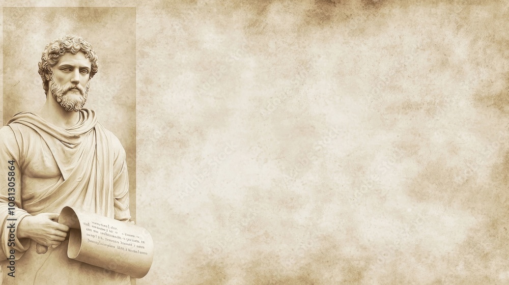 Fototapeta premium Sepia-toned image of a statue of Aristotle holding a scroll, with plenty of copyspace for your text.