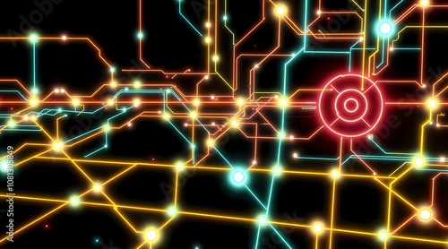 Futuristic Cityscape Circuit Diagram - Neon Network Labyrinth