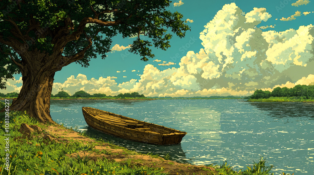 A wooden boat sits on the shore of a lake, with a large tree and lush green grass in the foreground. The sky is a vibrant blue with fluffy white clouds. A wooden boat sits on the shore of a lake, with a large tree and lush green grass in the foreground. The sky is a vibrant blue with fluffy white clouds.