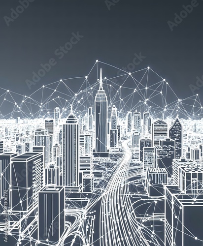 Futuristic Cyber Cityscape - Minimalist Line Art Data Visualization