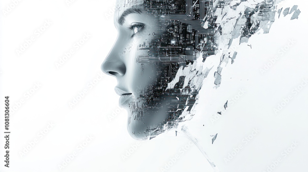 Abstract human face merging with digital elements. Abstract human face merging with digital elements.