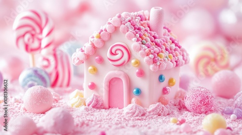 Whimsical Pink Candy House Surrounded by Sweets and Treats