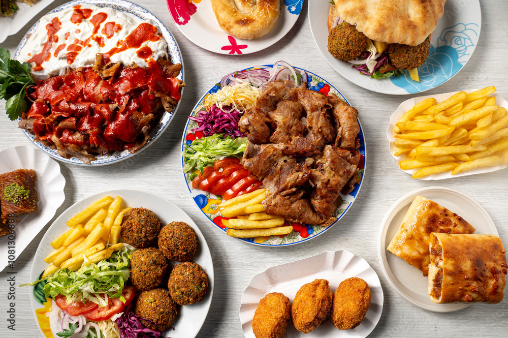 Turkish and Arabic food composition from above on white table Turkish and Arabic food composition from above on white table