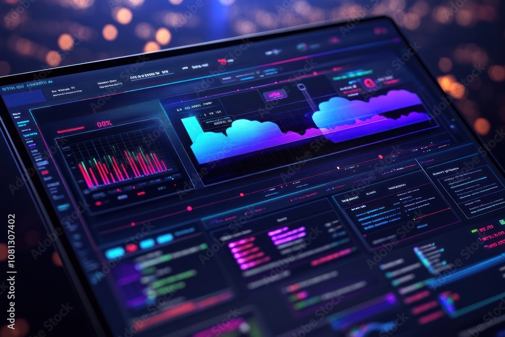 Laptop screen displaying colorful data graphs and charts with a blurred bokeh background. Laptop screen displaying colorful data graphs and charts with a blurred bokeh background.