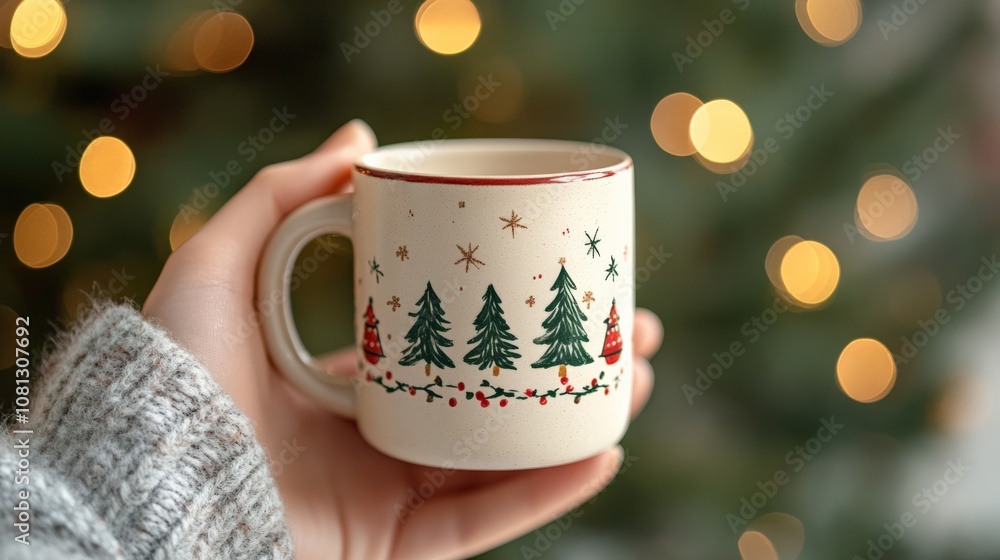 Cozy Winter Mug with Christmas Trees Against a Soft Bokeh Background Cozy Winter Mug with Christmas Trees Against a Soft Bokeh Background