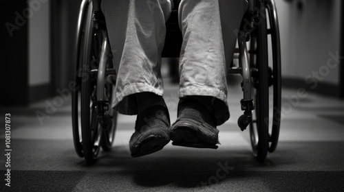 close-up of legs in a wheelchair in black and white photo