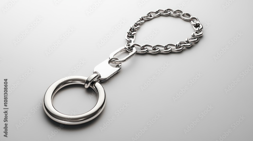 Silver keychain with a circular ring and chain link. Silver keychain with a circular ring and chain link.