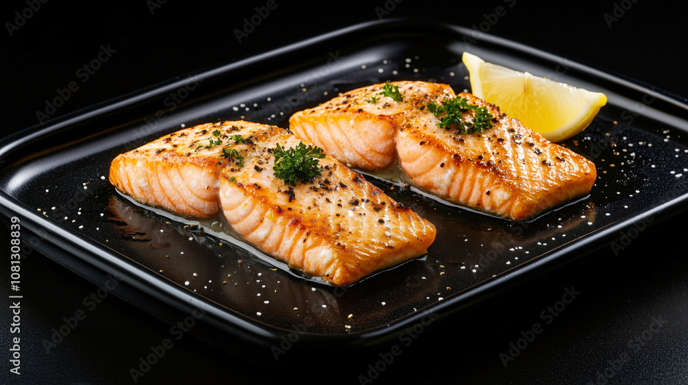 Grilled salmon fillets with lemon and parsley on black plate Grilled salmon fillets with lemon and parsley on black plate