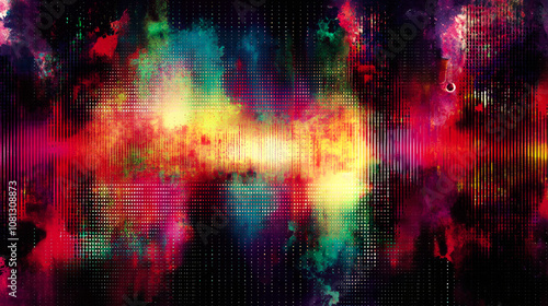 Abstract background with colorful splatters and glowing light.