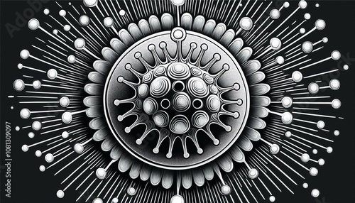 a detailed black and white illustration features a circular virus with several spikes extending outward highlighting its microscopic structure and form photo