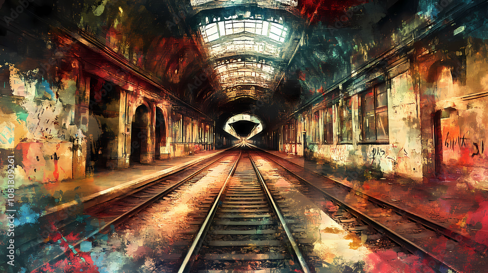 Gespenstischer lost place, verlassener alter bahnhof, innenansicht, generative ai. Phantasm. Illustration Gespenstischer lost place, verlassener alter bahnhof, innenansicht, generative ai. Phantasm. Illustration
