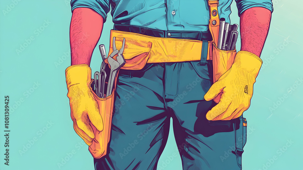 Handyman with tool belt and yellow gloves, representing DIY, repair, and construction work . high quality Handyman with tool belt and yellow gloves, representing DIY, repair, and construction work . high quality
