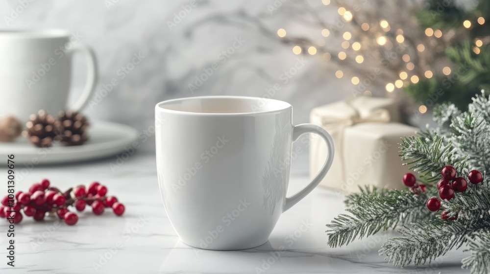 White mug surrounded by holiday decorations and greenery. White mug surrounded by holiday decorations and greenery.