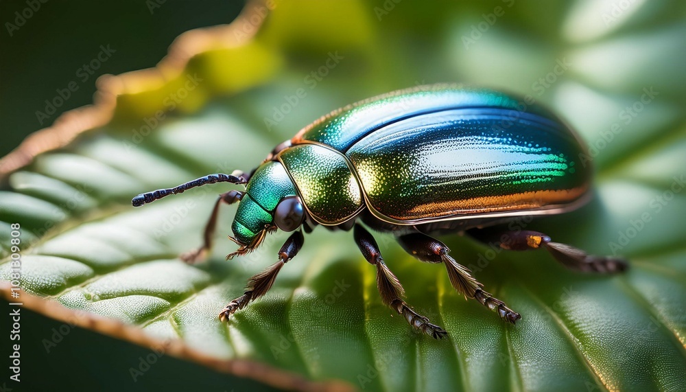 beetle on leaf intense macro focus metallic textures blurred natural background beetle on leaf intense macro focus metallic textures blurred natural background