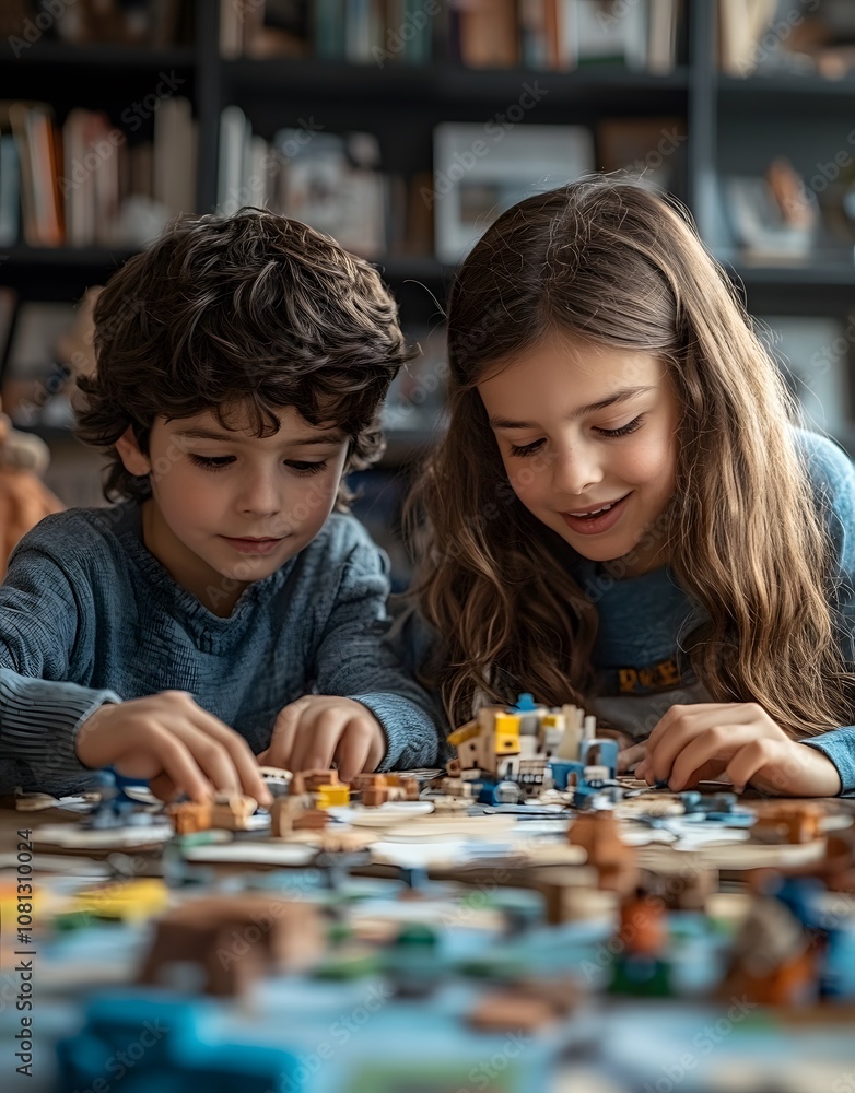 Fototapeta premium Two children engaged in a board game, focused and enjoying their time together.