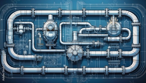 blueprint design of a complex pipe system industrial engineering mechanical drawings technical plans pipe fittings
