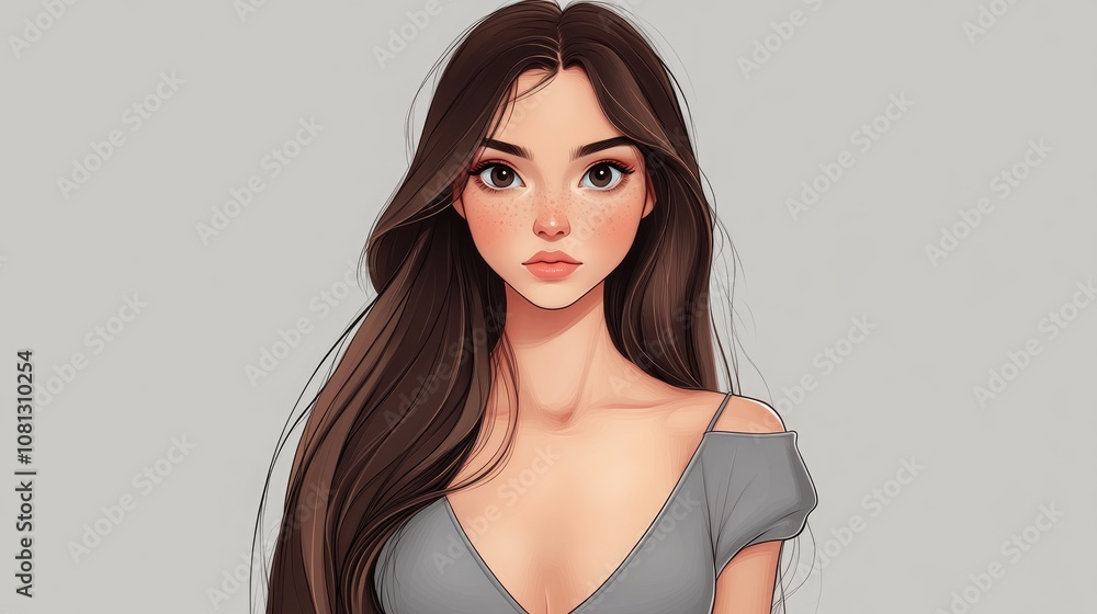 Naklejka premium Portrait of a young brunette woman with long hair wearing a gray dress engaging and expressive on a neutral gray background