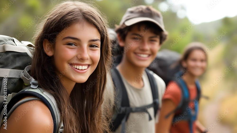 Young girl leading diverse hikers smiling on nature trail with backpacks against blurred forest background, copy space Young girl leading diverse hikers smiling on nature trail with backpacks against blurred forest background, copy space