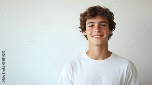 Portrait of smiling teenage boy with curly brown hair wearing white t-shirt against plain white wall background, copy space