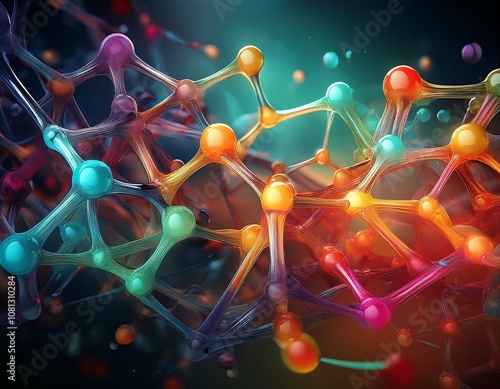 colorful molecular structure amino acids or chemical bonds