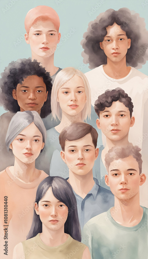 Fototapeta premium A diverse group of people. Watercolor painting featuring young people with a creative and inclusive design, set against a white background.