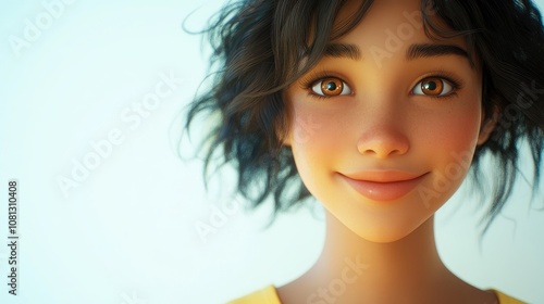 Portrait of a smiling young woman with beautiful features showcasing confidence against a clean white backdrop