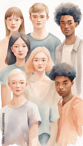 A diverse group of people. Watercolor painting featuring young people with a creative and inclusive design, set against a white background.