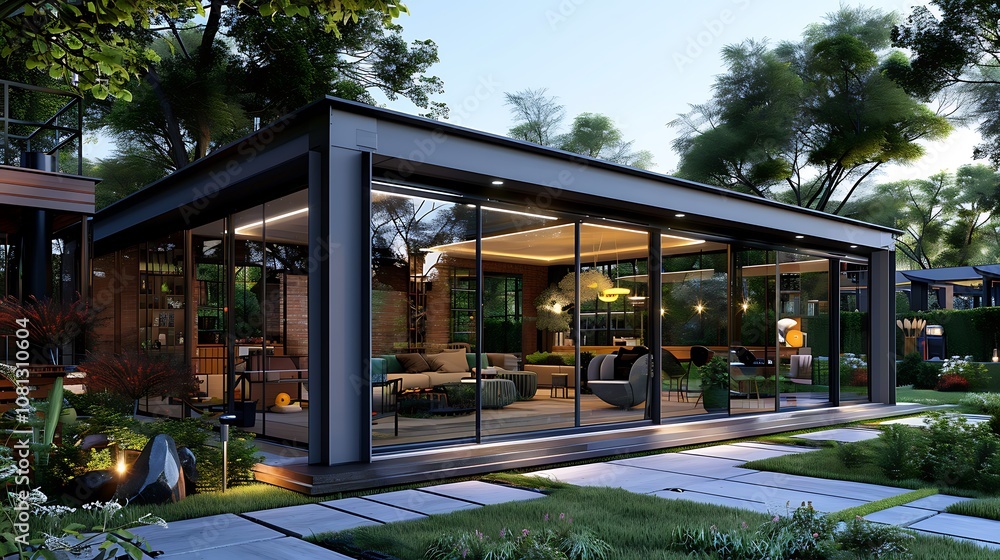 Modern glass house surrounded by greenery, showcasing a spacious and stylish living area. Modern glass house surrounded by greenery, showcasing a spacious and stylish living area.