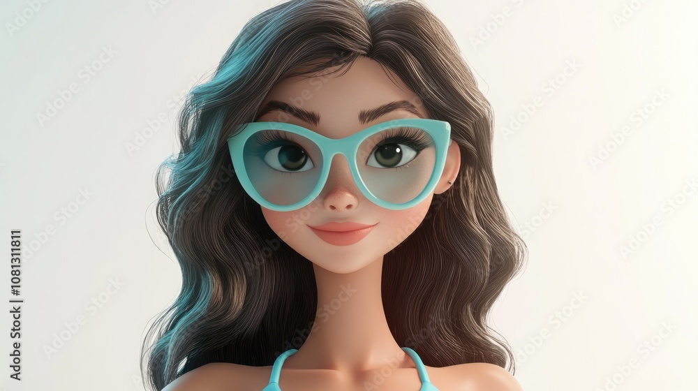 Happy beautiful brunette woman wearing a turquoise swimsuit and stylish sunglasses full body portrait on a clean white background Happy beautiful brunette woman wearing a turquoise swimsuit and stylish sunglasses full body portrait on a clean white background